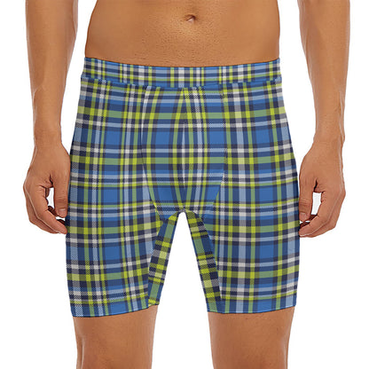 Blue Green And White Plaid Pattern Print Men's Long Boxer Briefs