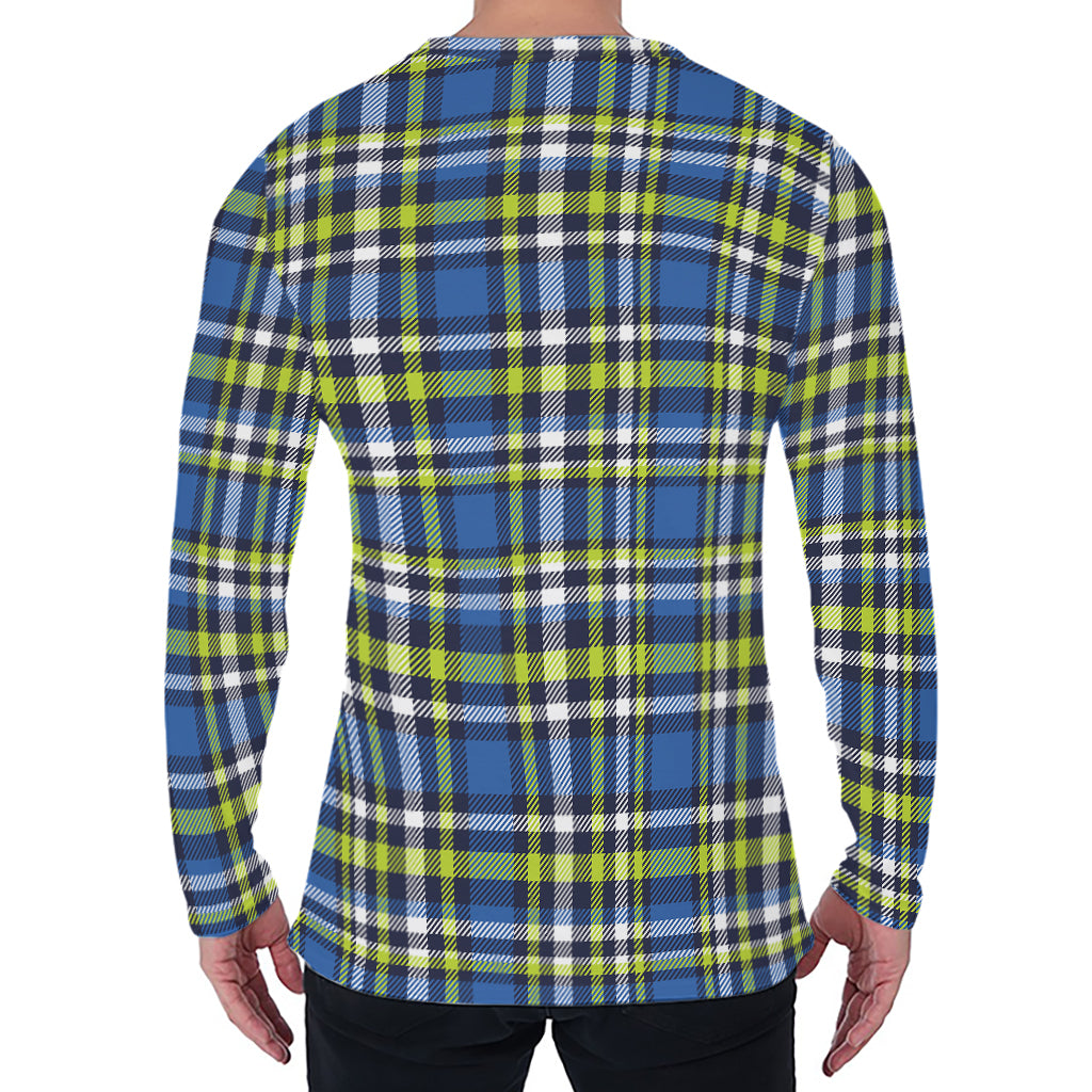 Blue Green And White Plaid Pattern Print Men's Long Sleeve T-Shirt