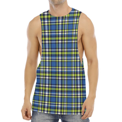 Blue Green And White Plaid Pattern Print Men's Muscle Tank Top