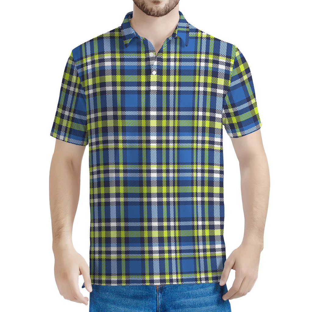 Blue Green And White Plaid Pattern Print Men's Polo Shirt