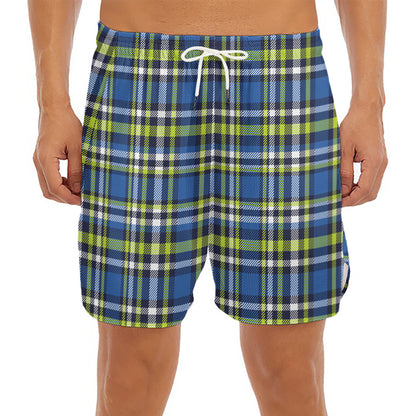 Blue Green And White Plaid Pattern Print Men's Split Running Shorts