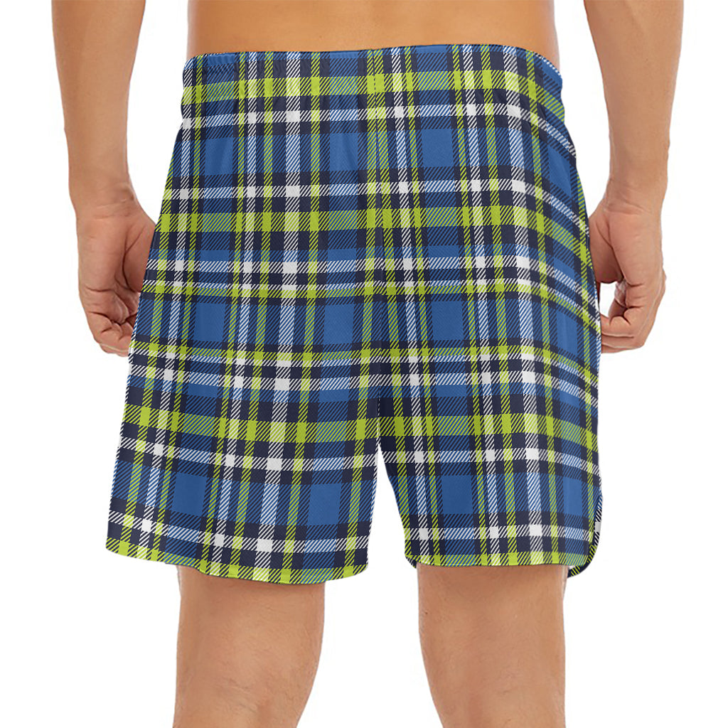 Blue Green And White Plaid Pattern Print Men's Split Running Shorts