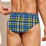 Blue Green And White Plaid Pattern Print Men's Swim Briefs