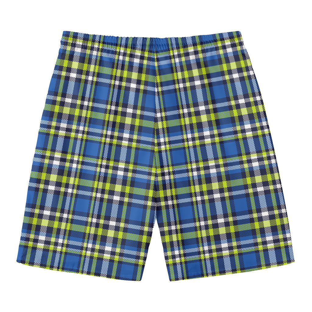 Blue Green And White Plaid Pattern Print Men's Swim Trunks