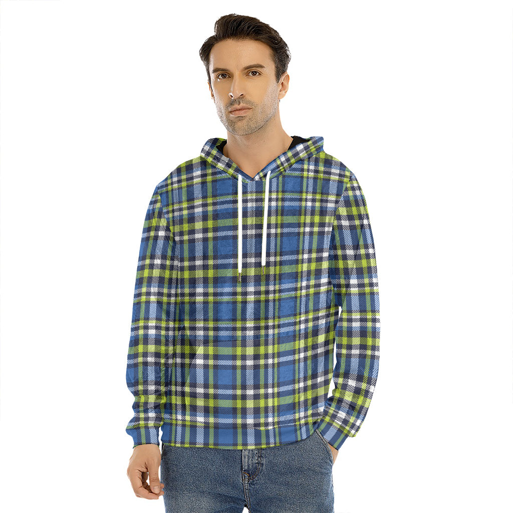 Blue Green And White Plaid Pattern Print Men's Velvet Pullover Hoodie