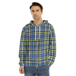 Blue Green And White Plaid Pattern Print Men's Velvet Pullover Hoodie