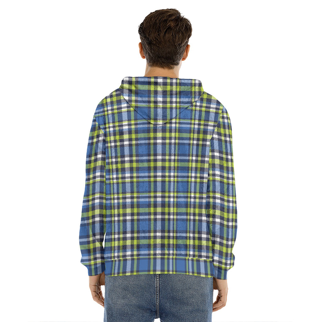 Blue Green And White Plaid Pattern Print Men's Velvet Pullover Hoodie