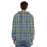 Blue Green And White Plaid Pattern Print Men's Velvet Pullover Hoodie