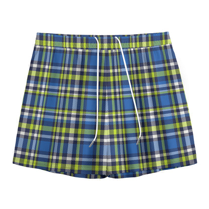 Blue Green And White Plaid Pattern Print Mesh Shorts