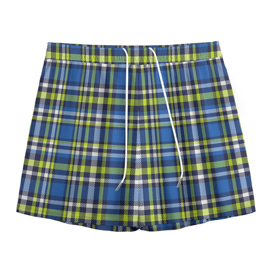 Blue Green And White Plaid Pattern Print Mesh Shorts