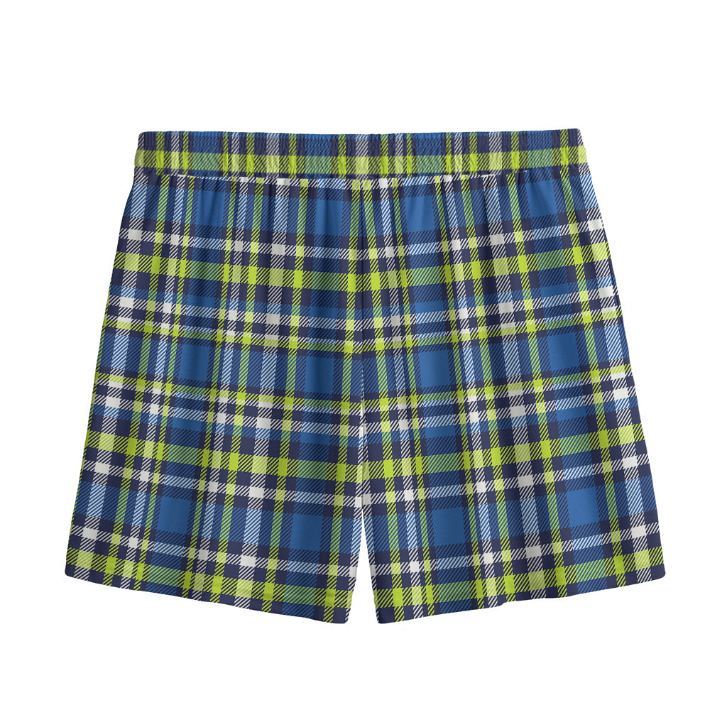 Blue Green And White Plaid Pattern Print Mesh Shorts