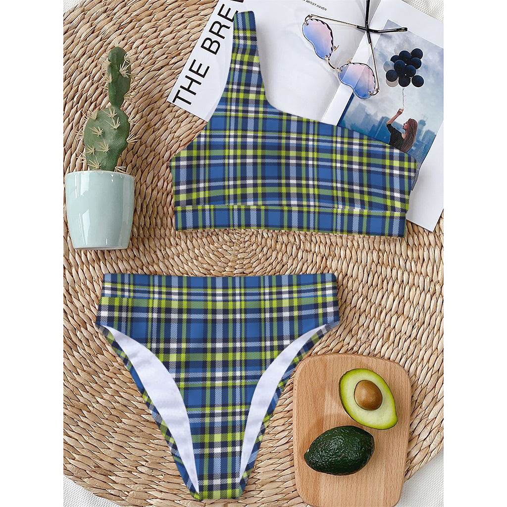 Blue Green And White Plaid Pattern Print One Shoulder Bikini Top