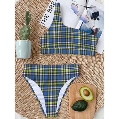 Blue Green And White Plaid Pattern Print One Shoulder Bikini Top