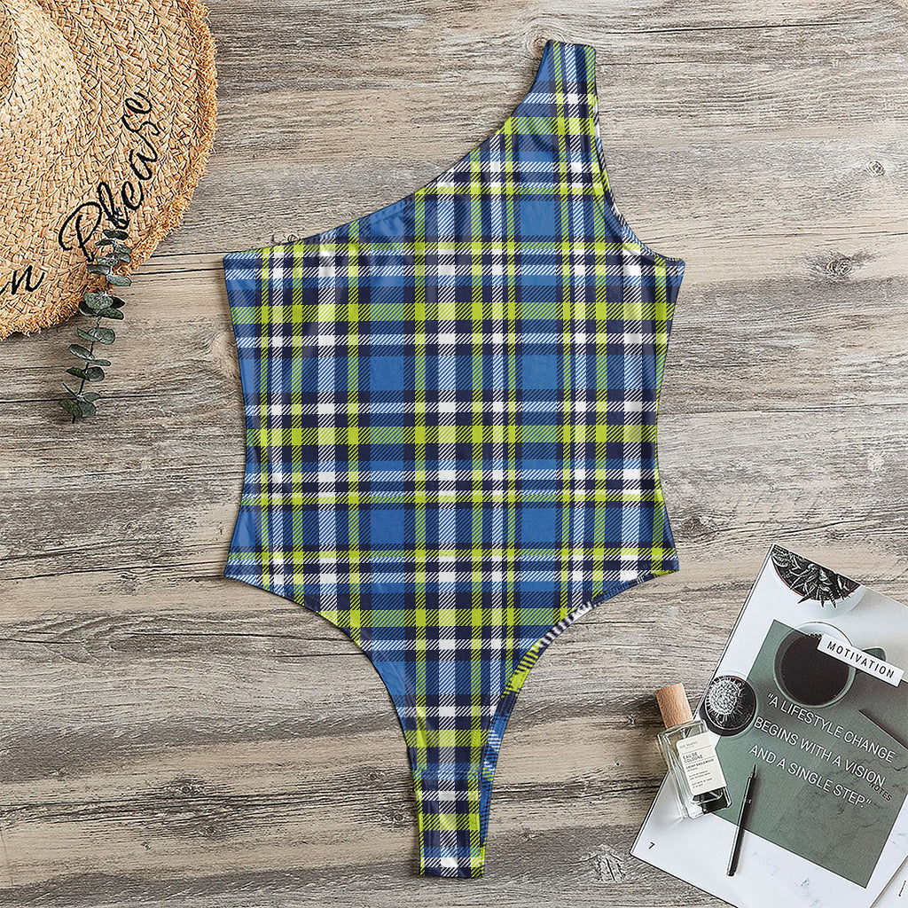 Blue Green And White Plaid Pattern Print One Shoulder Bodysuit