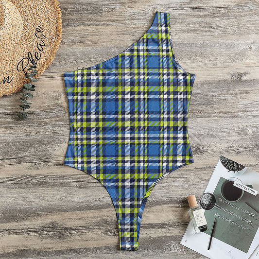 Blue Green And White Plaid Pattern Print One Shoulder Bodysuit