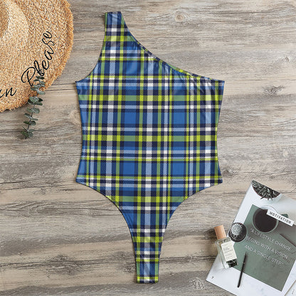 Blue Green And White Plaid Pattern Print One Shoulder Bodysuit