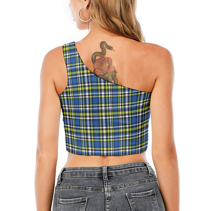Blue Green And White Plaid Pattern Print One Shoulder Crop Top