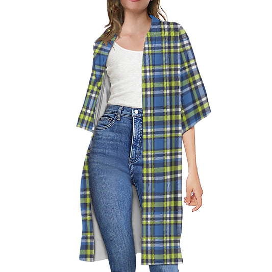Blue Green And White Plaid Pattern Print Open Front Beach Cover Up
