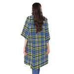 Blue Green And White Plaid Pattern Print Open Front Beach Cover Up