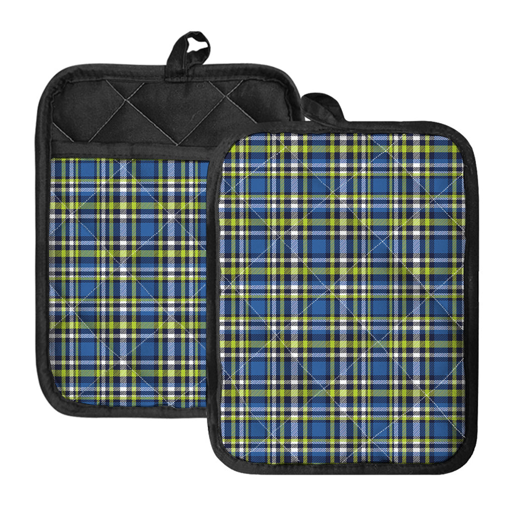 Blue Green And White Plaid Pattern Print Pot Holders With Pocket