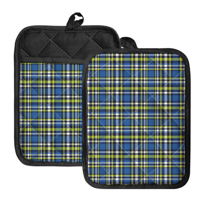 Blue Green And White Plaid Pattern Print Pot Holders With Pocket