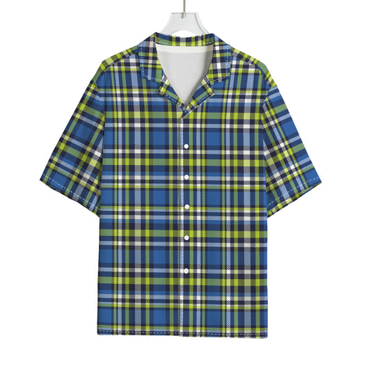 Blue Green And White Plaid Pattern Print Rayon Hawaiian Shirt