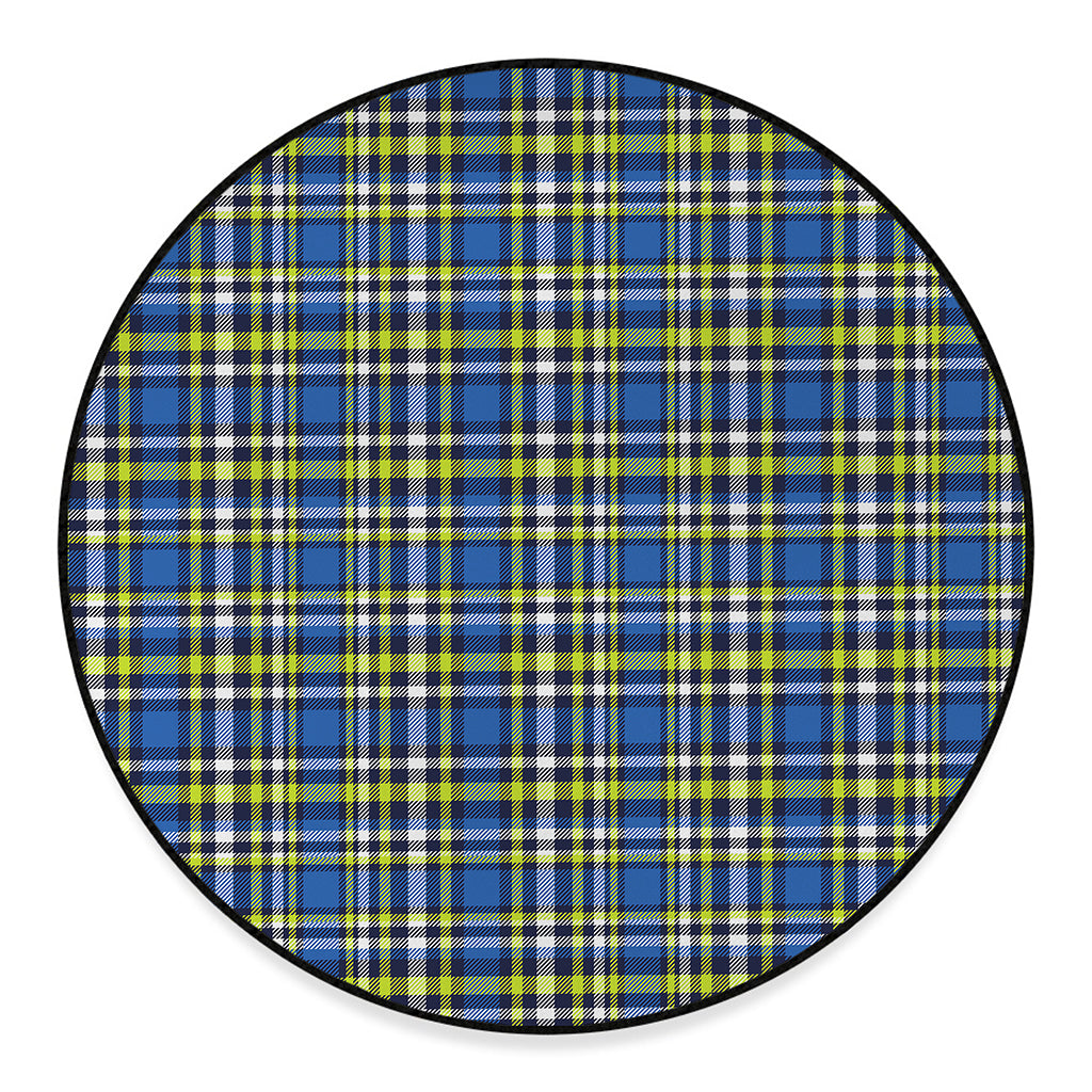 Blue Green And White Plaid Pattern Print Round Floor Mat