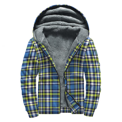 Blue Green And White Plaid Pattern Print Sherpa Lined Zip Up Hoodie