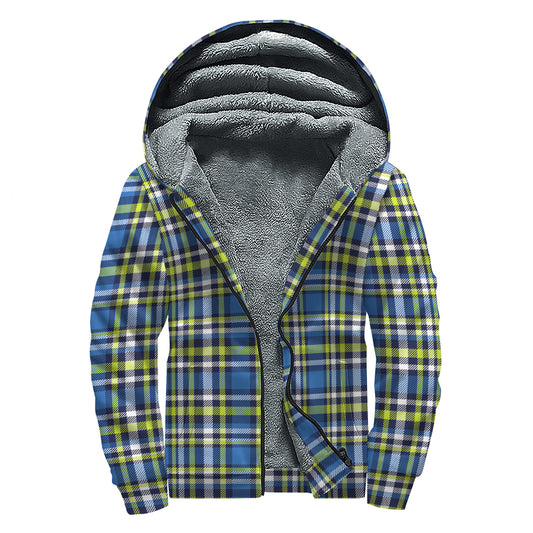 Blue Green And White Plaid Pattern Print Sherpa Lined Zip Up Hoodie