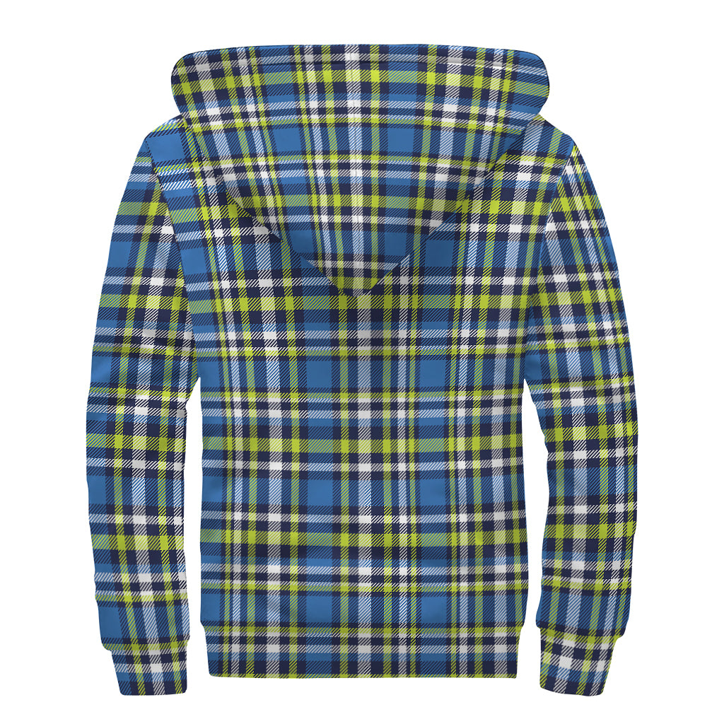 Blue Green And White Plaid Pattern Print Sherpa Lined Zip Up Hoodie