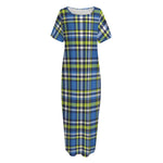 Blue Green And White Plaid Pattern Print Short Sleeve Long Nightdress