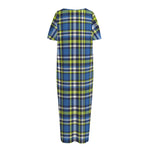 Blue Green And White Plaid Pattern Print Short Sleeve Long Nightdress
