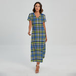 Blue Green And White Plaid Pattern Print Short Sleeve Maxi Dress