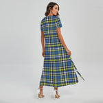 Blue Green And White Plaid Pattern Print Short Sleeve Maxi Dress