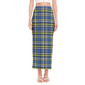 Blue Green And White Plaid Pattern Print Side Slit Maxi Skirt