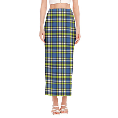 Blue Green And White Plaid Pattern Print Side Slit Maxi Skirt
