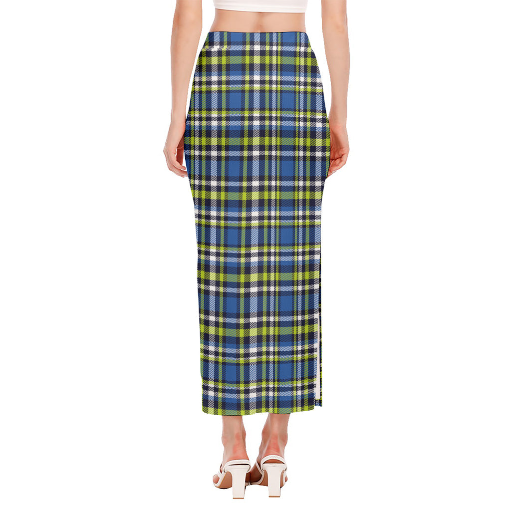 Blue Green And White Plaid Pattern Print Side Slit Maxi Skirt