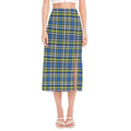 Blue Green And White Plaid Pattern Print Side Slit Midi Skirt