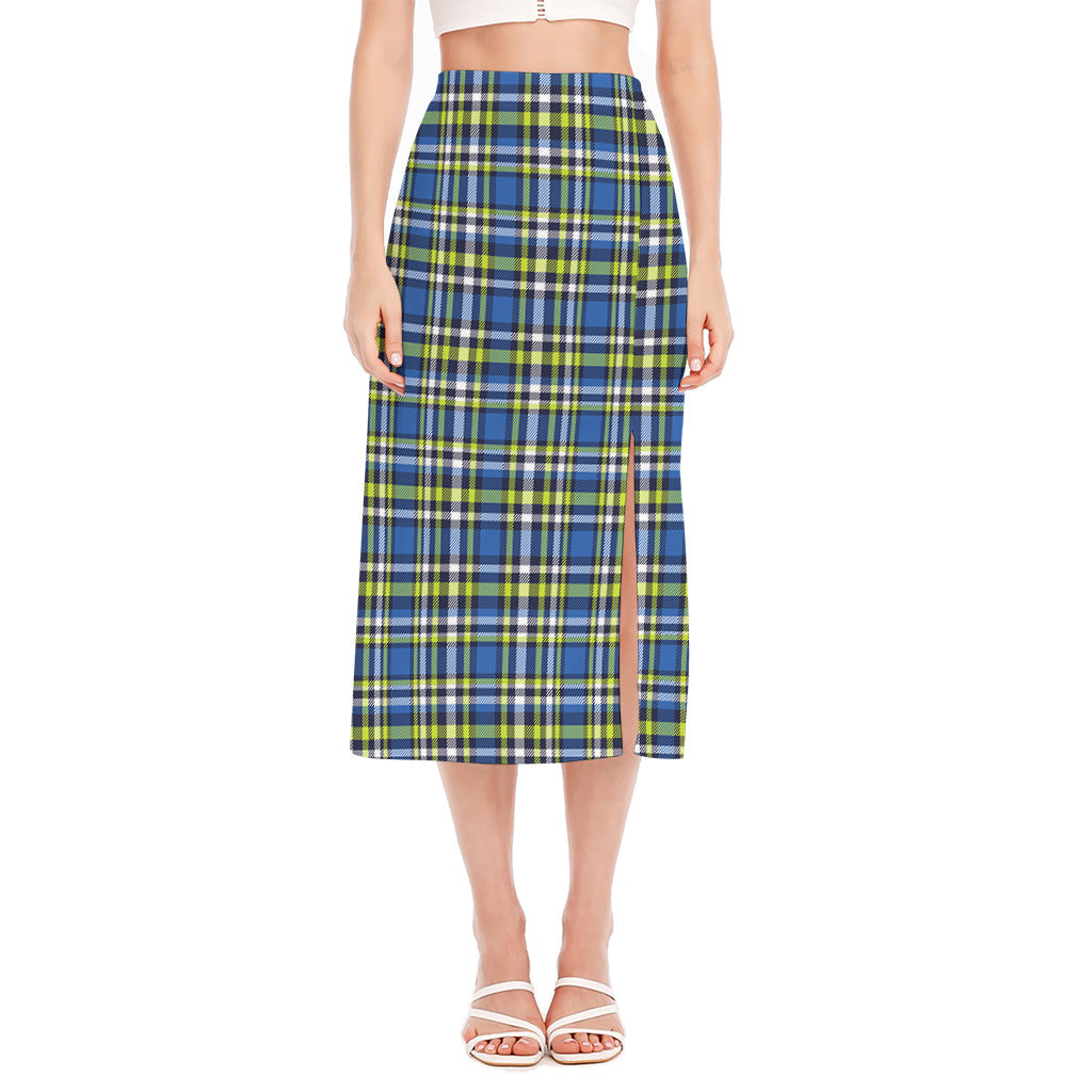 Blue Green And White Plaid Pattern Print Side Slit Midi Skirt