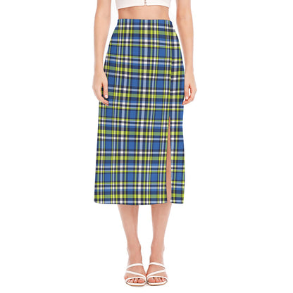 Blue Green And White Plaid Pattern Print Side Slit Midi Skirt