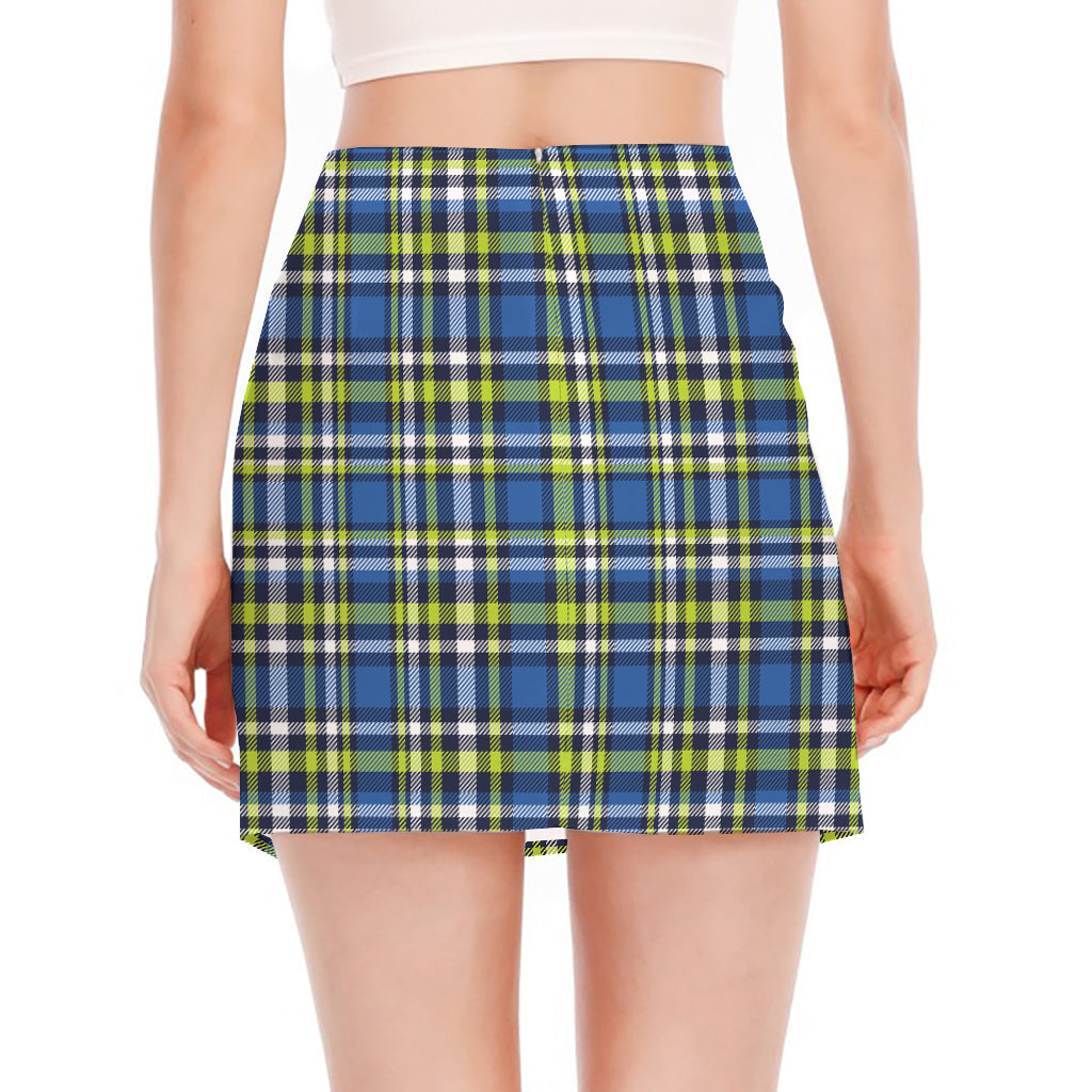 Blue Green And White Plaid Pattern Print Side Slit Mini Skirt