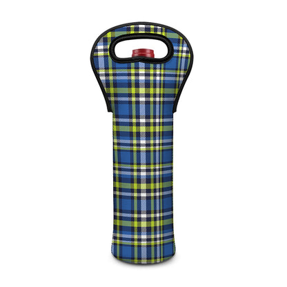 Blue Green And White Plaid Pattern Print Single Neoprene Wine Tote