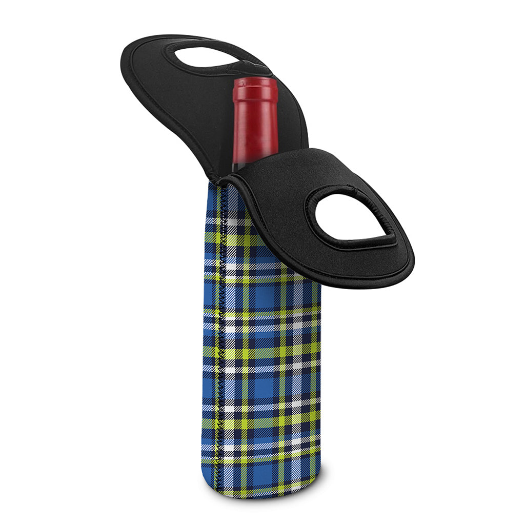 Blue Green And White Plaid Pattern Print Single Neoprene Wine Tote