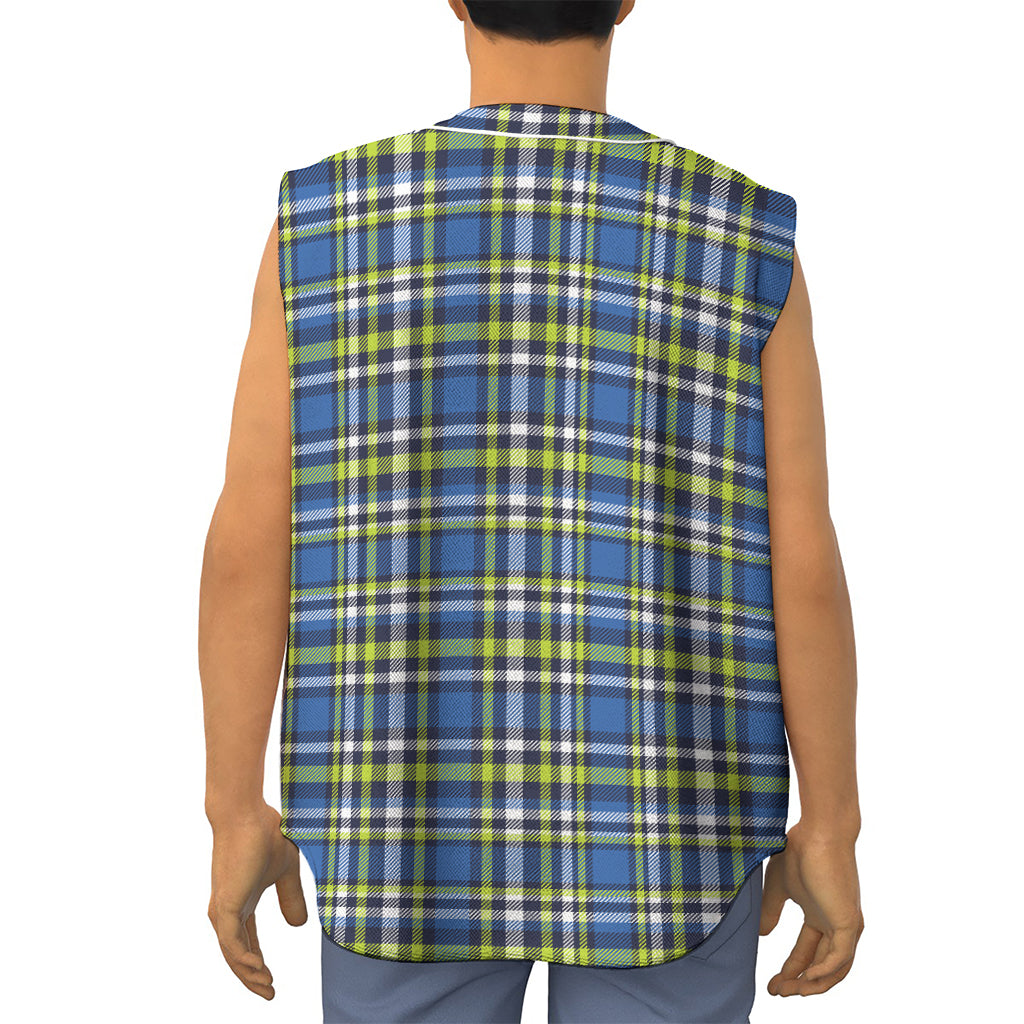 Blue Green And White Plaid Pattern Print Sleeveless Baseball Jersey