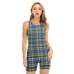 Blue Green And White Plaid Pattern Print Sleeveless One Piece Swimsuit
