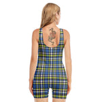 Blue Green And White Plaid Pattern Print Sleeveless One Piece Swimsuit