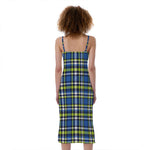 Blue Green And White Plaid Pattern Print Slim Fit Midi Cami Dress