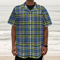 Blue Green And White Plaid Pattern Print Textured Short Sleeve Shirt