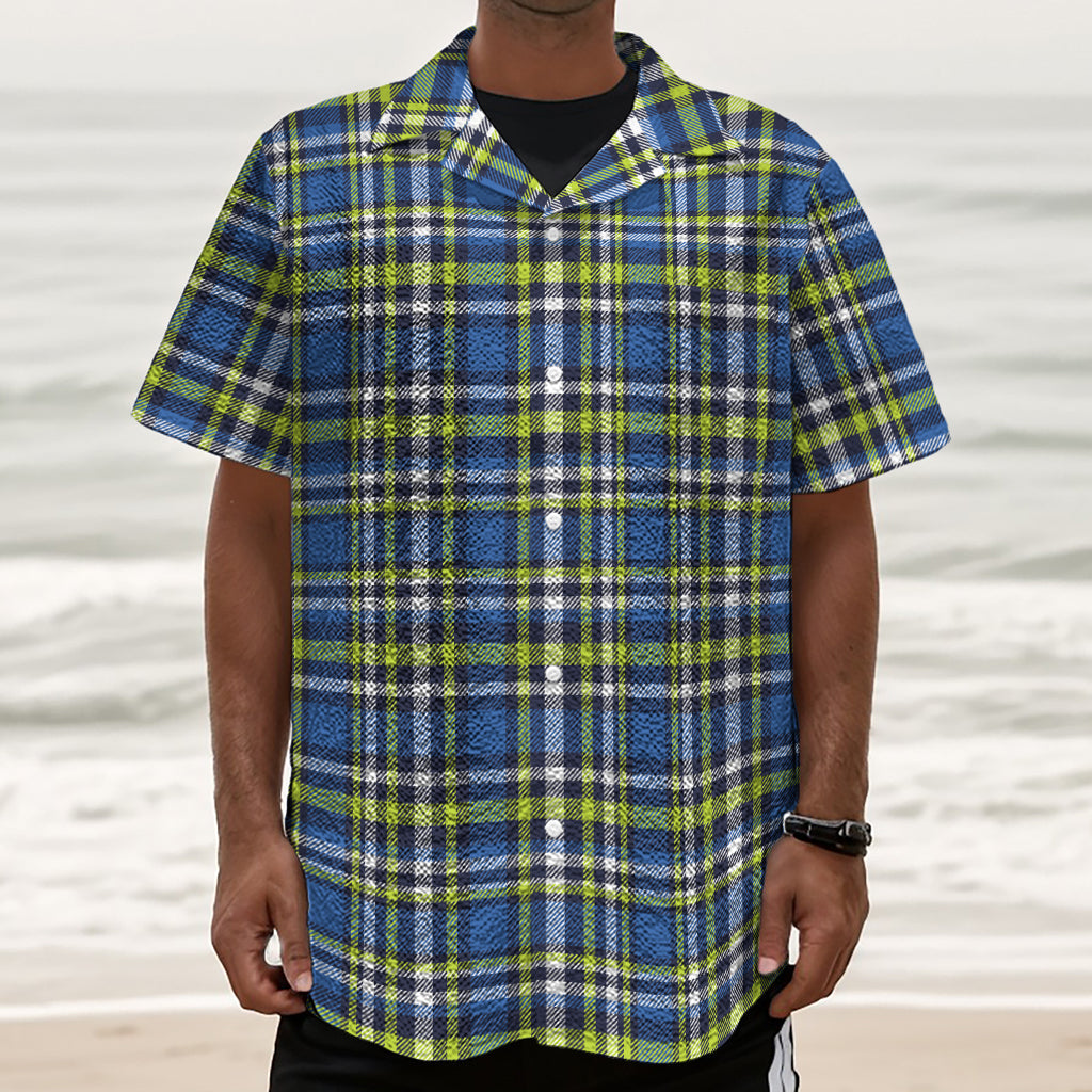 Blue Green And White Plaid Pattern Print Textured Short Sleeve Shirt
