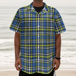 Blue Green And White Plaid Pattern Print Textured Short Sleeve Shirt
